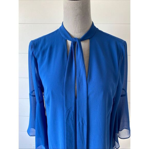 BCBGeneration Sz S NECK TIE A-LINE DRESS FLUTTER SLEEVE CHIFFON DRESS BLUE - Picture 6 of 13